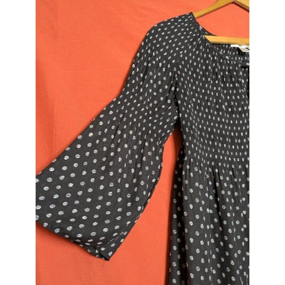 Black White Dot Smocked Babydoll Top Bell Sleeves Petite Medium Whimsigoth - Picture 3 of 9